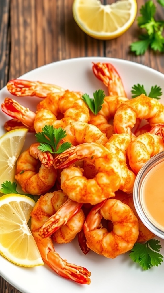 Crispy Air Fryer Shrimp Recipe Crispy air fryer shrimp on a plate with parsley and lemon, served with dipping sauce.